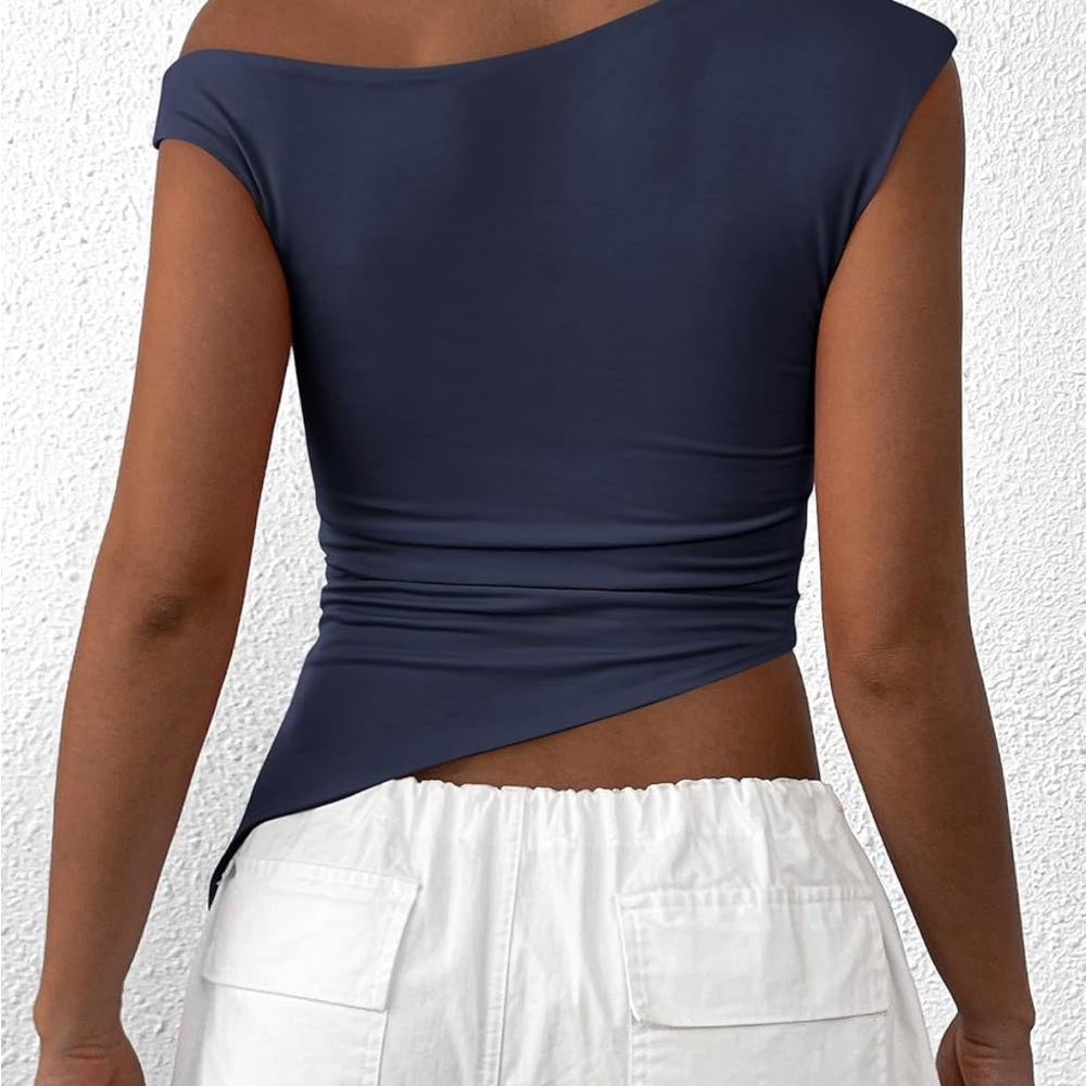 Asymmetrical Rutched Navy Blue Top - Picture 4 of 4